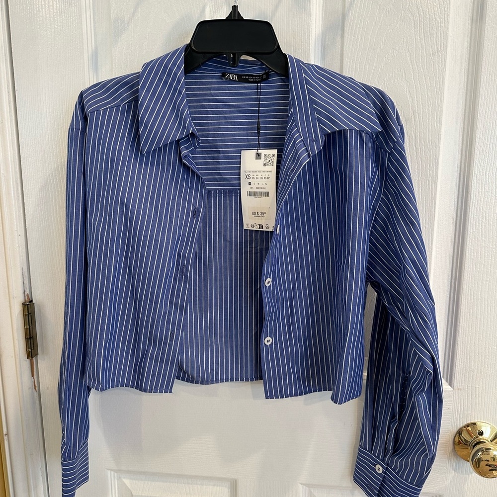 Zara Women's Blue Pinstripe Button Down Shirt